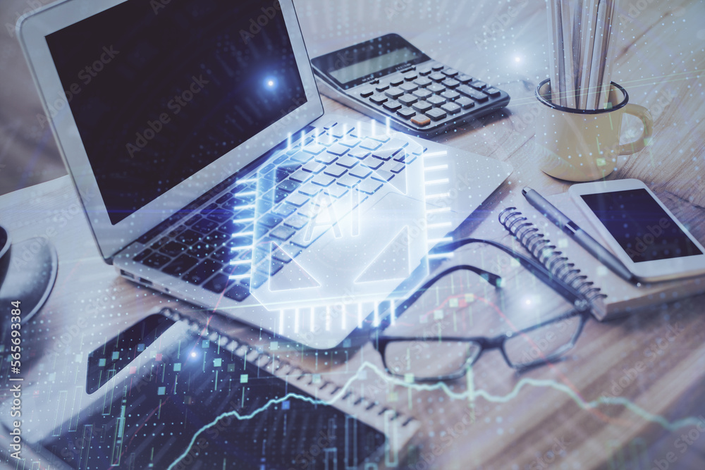 Aufkleber Double exposure of table with computer on background and data theme drawing. Concept of innovation.