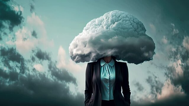 Cinemagraph of businesswoman standing outside with big cloud over her head, ai generated