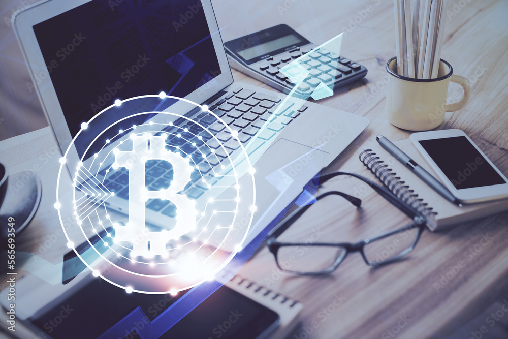 Aufkleber Double exposure of blockchain and crypto economy theme hologram and table with computer background. Concept of bitcoin cryptocurrency.