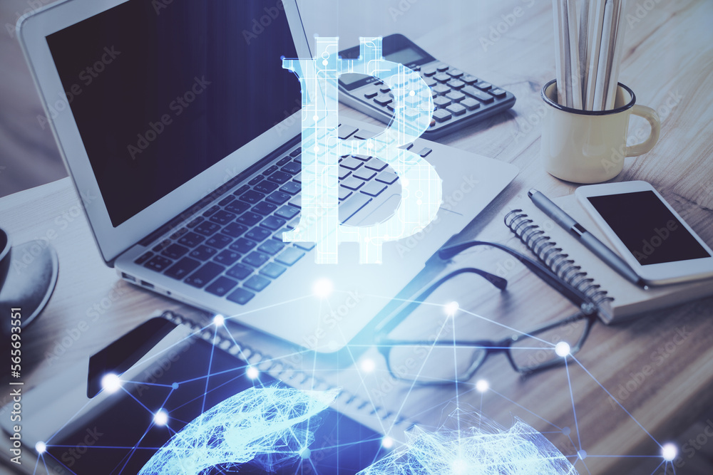 Poster Double exposure of blockchain and crypto economy theme hologram and table with computer background. Concept of bitcoin cryptocurrency.
