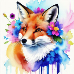 Fox with flowers, floral crown. Watercolor. Print for fabric, T-shirts, accessories. Generative AI