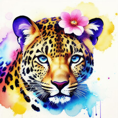 Leopard with flowers, floral crown. Watercolor. Print for fabric, T-shirts, accessories. Generative AI