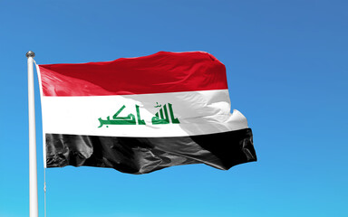 Fototapeta na wymiar National flag of iraq baghdad saddam hussain shia sunni islamic arab freedom independence gulf war October 3 pride federal blue sky blue background 