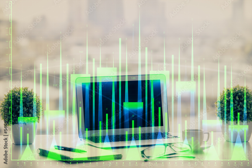 Poster stock market graph on background with desk and personal computer. multi exposure. concept of financi