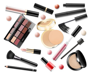 Makeup set. Realistic cosmetic products: eye shadow, powder, blush, eyeliner, concealer, lipstick and lip gloss, foundation, nail polish, mascara, and makeup brushes isolated on white background.