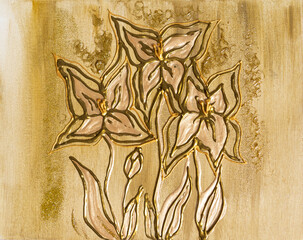 Drawing of bright golden lilies, three magical flowers glow. St Valentines day. Picture contains interesting idea, evokes emotions, aesthetic pleasure. Canvas stretched. Concept art painting texture