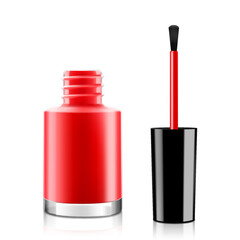 Shiny red nail polish, open bottle with brush, isolated on white background. Fashion Beauty Varnish. Realistic Detailed 3d Vector illustration. Mockup of Lacquer