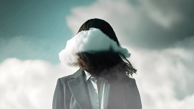 Cinemagraph of businesswoman standing outside with big cloud over her head, ai generated
