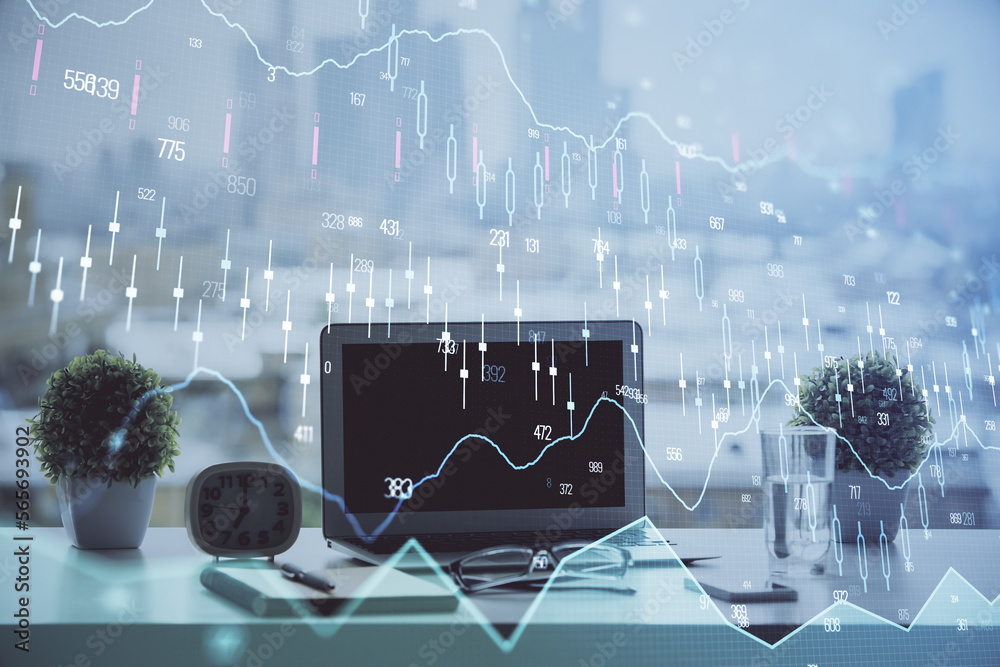 Poster Stock market graph on background with desk and personal computer. Multi exposure. Concept of financial analysis.