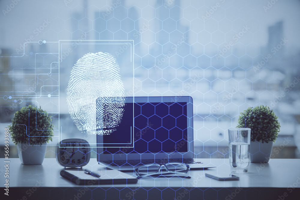 Poster Computer on desktop in office with finger print drawing. Double exposure. Concept of business data security.