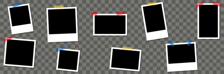 Empty vintage photos frame with adhesive tapes. Photos with colorful scotch strips. Set vector icons stock illustration