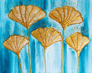 Drawing of bright golden plants ginkgo biloba. Gold leaves. Blue silver rain. Picture contains interesting idea, evokes emotions, aesthetic pleasure. Canvas stretched. Concept art painting texture - 565693931