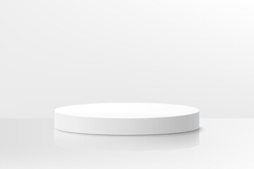 White blank round pedestal or podium on white background. Abstract high quality 3d concept. Platform, Scene. Boxes. Realistic vector illustration. Can be add on banners flyers or web.