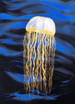 Drawing of bright fabulous jellyfish, dangerous electric stingray. Blue water. Picture contains interesting idea, evokes emotions, aesthetic pleasure. Canvas stretched. Concept art painting texture
