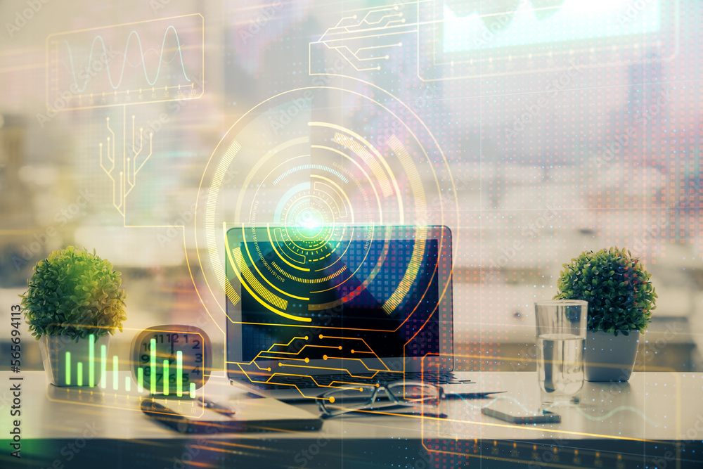 Aufkleber Double exposure of table with computer on background and data theme drawing. Concept of innovation.