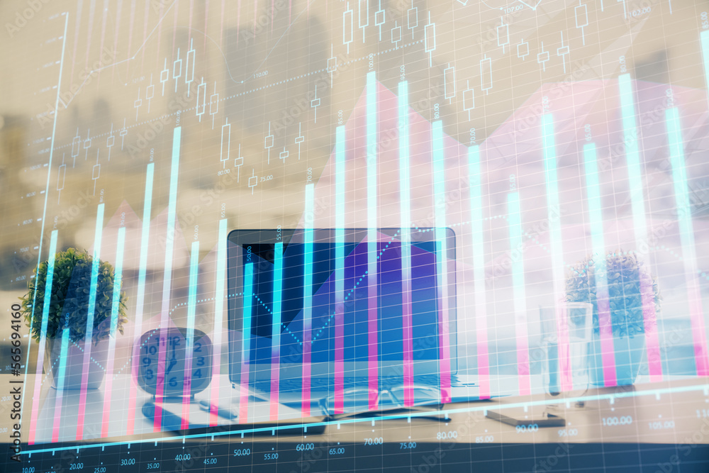 Aufkleber stock market graph on background with desk and personal computer. multi exposure. concept of financi