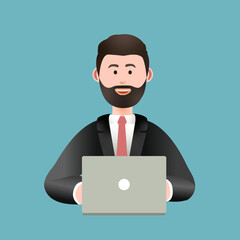 Smiling young man in a black suit with light red tie, working with his laptop in blue background.