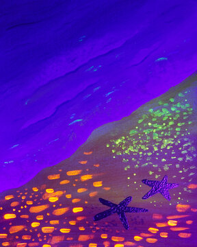 Drawing of bright neon landscape. Blue water seashore, two starfish, yellow sand. Picture contains interesting idea, evokes emotions, aesthetic pleasure. Canvas stretched. Concept art painting texture