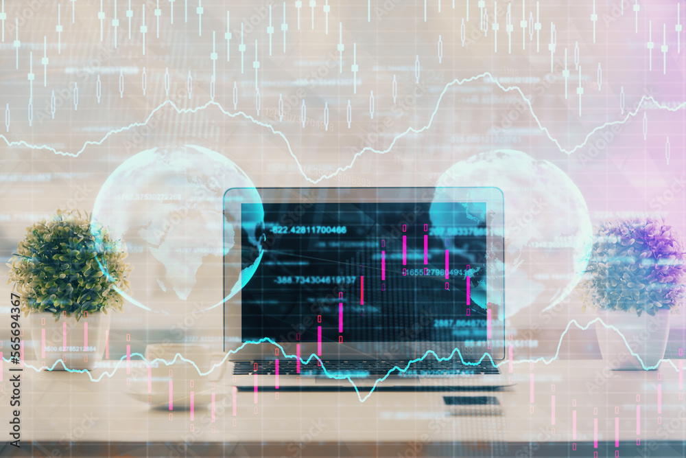 Aufkleber stock market graph on background with desk and personal computer. multi exposure. concept of financi