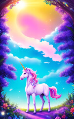 White unicorn in fairy forest.Animation, cartoon