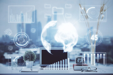 Stock market graph on background with desk and personal computer. Multi exposure. Concept of financial analysis.