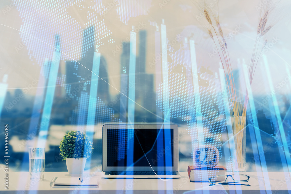 Poster Stock market graph on background with desk and personal computer. Multi exposure. Concept of financial analysis.