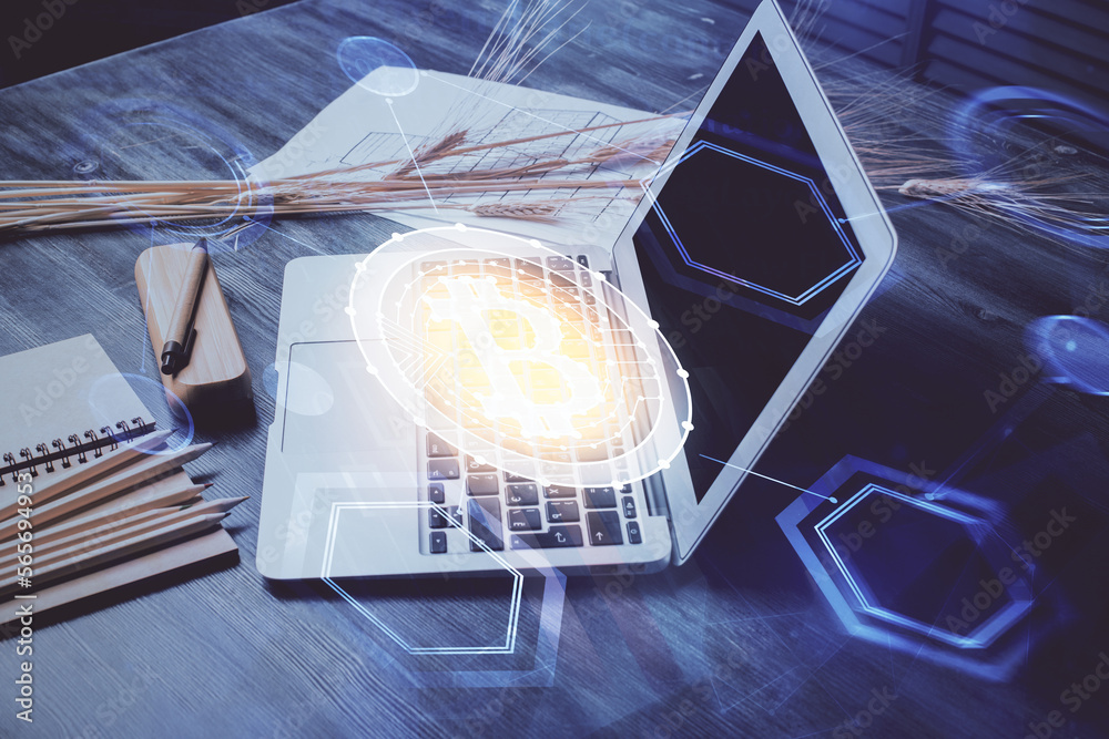 Poster Double exposure of blockchain and crypto economy theme hologram and table with computer background. Concept of bitcoin cryptocurrency.