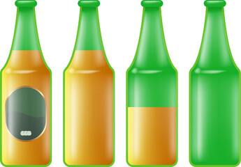 Vector green glass bottles set isolated on white background. Beer bottle with label, empty beer bottle and full beer bottle collection.