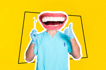 Creative collage image of dentist doctor hold tool equipment demonstrate thumb up isolated on yellow background - obrazy, fototapety, plakaty