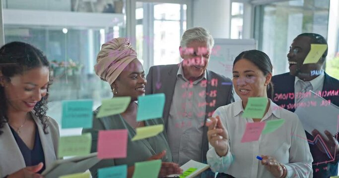 Teamwork, brainstorming and woman at presentation, ideas for team at startup and sticky note on glass wall. Strategy, planning and business coach in meeting at training workshop for agency employees.