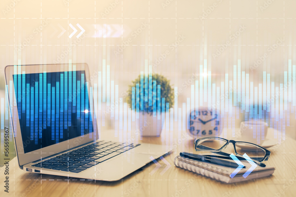 Aufkleber Stock market graph on background with desk and personal computer. Multi exposure. Concept of financial analysis.