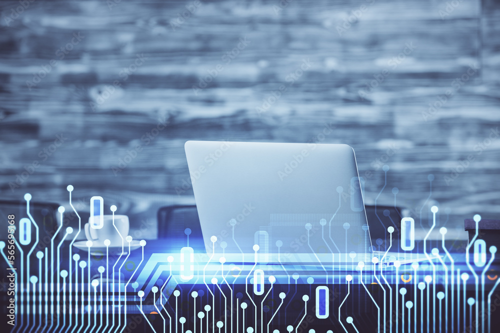 Aufkleber Double exposure of desktop with computer on background and tech theme drawing. Concept of big data.