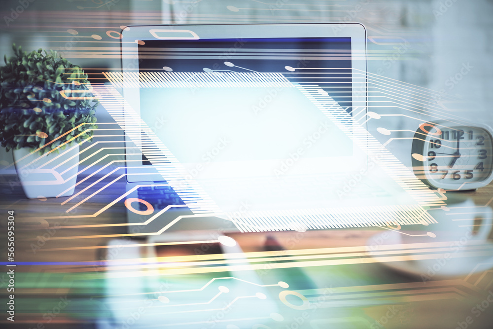 Poster Double exposure of desktop with computer on background and tech theme drawing. Concept of big data.