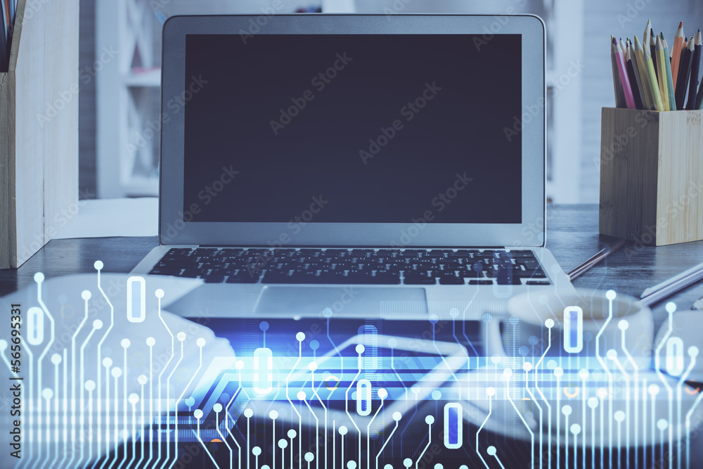 Aufkleber double exposure of desktop with personal computer on background and tech theme drawing. concept of d