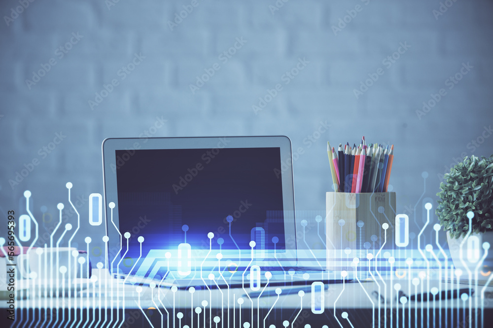 Poster Double exposure of desktop with personal computer on background and tech theme drawing. Concept of data analysis.