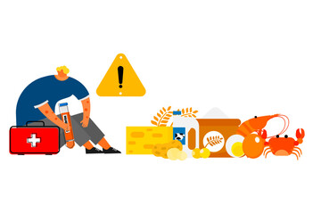 Cartoon  of  the food allergies. Allergic to food triggers illustrates on isolated background.