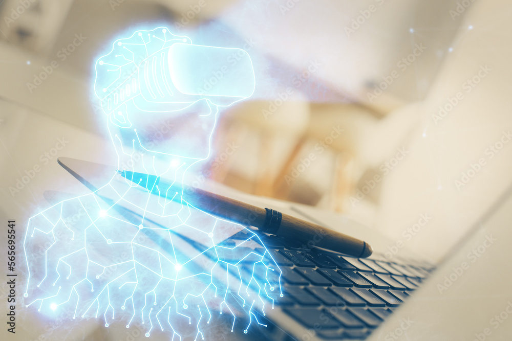 Poster Computer on desktop with AR theme icon. Multi exposure. Concept of augmented reality.