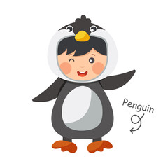 Happy child is wearing Penguin animal costumes . Vector .