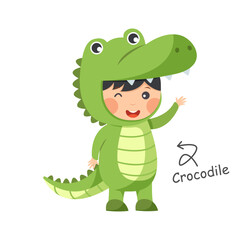 Happy child is wearing Crocodile animal costumes . Vector .