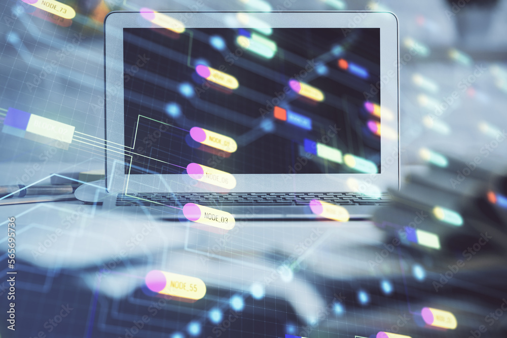 Leinwandbilder multi exposure of desktop computer and technology theme hologram. concept of software development.