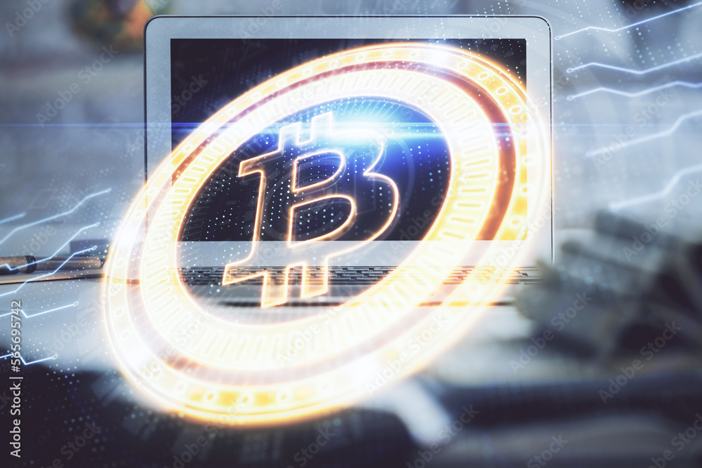 Poster Multi exposure of blockchain and crypto economy theme hologram and table with computer background. Concept of bitcoin cryptocurrency.