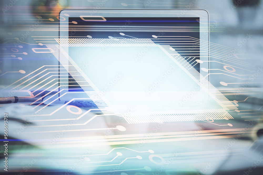 Aufkleber Multi exposure of desktop computer and technology theme hologram. Concept of software development.