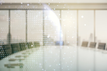 Multi exposure of abstract creative digital world map hologram on a modern meeting room background, research and analytics concept