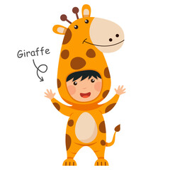 Happy child is wearing Giraffe animal costumes . Vector .
