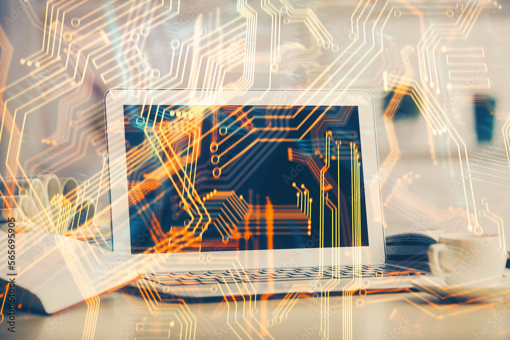 Poster Computer on desktop in office with technology theme hologram. Double exposure. Tech concept.