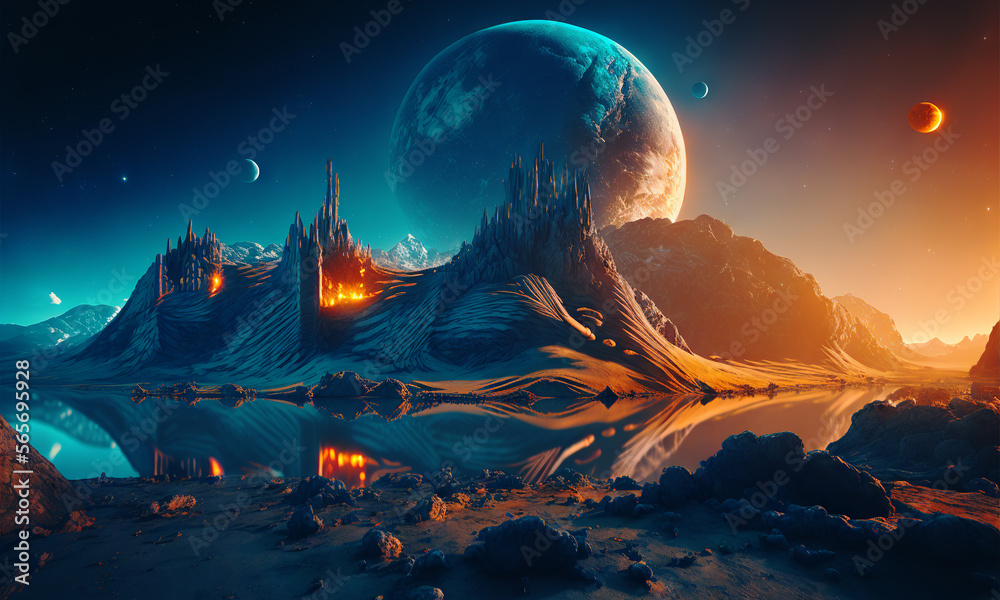 Aufkleber Space planets background. Distant planetscape in cosmos with exoplanets. Concept art Generative ai