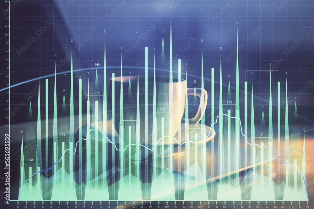 Poster stock market graph on background with desk and personal computer. multi exposure. concept of financi
