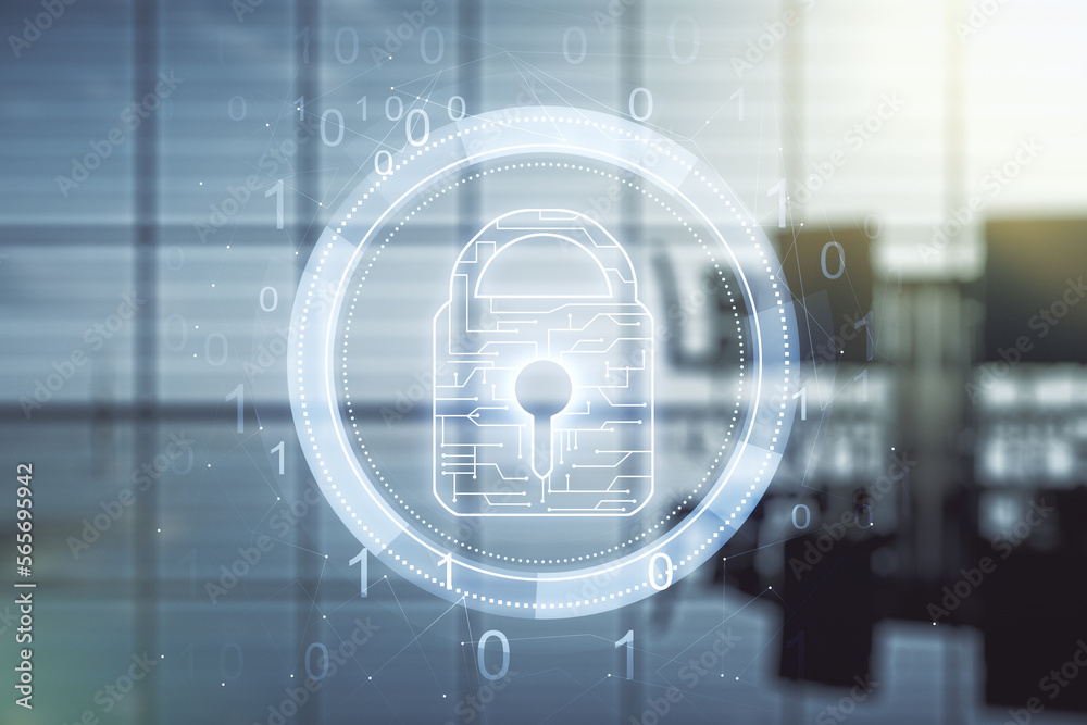 Poster double exposure of virtual creative lock hologram with chip on a modern meeting room background. inf