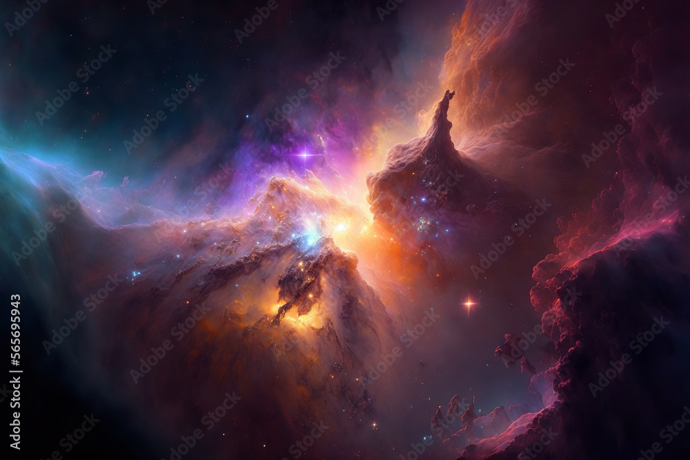 Poster large view of a colorful dark nebula in space. cosmic background with bright shining stars, galaxies