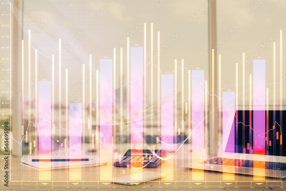 Aufkleber stock market graph on background with desk and personal computer. multi exposure. concept of financi